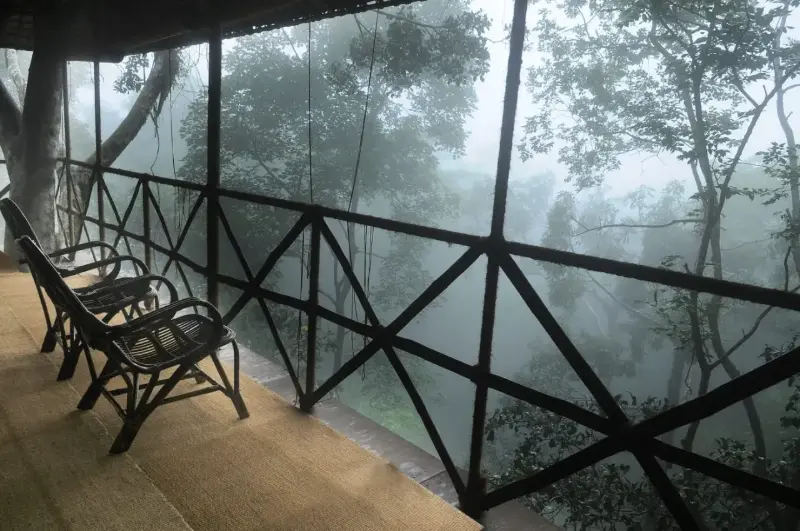 Vythiri Resort, Wayanad: Treehouse balcony overlooking rainforest at Vythiri Resort